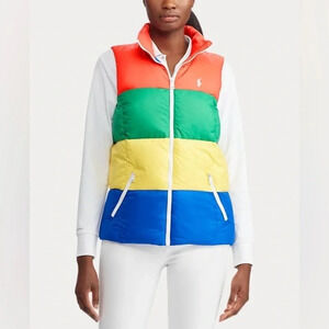 Ralph Lauren Polo Golf Vest Womens S Colorblock Zip Duck Down Rainbow Puffer